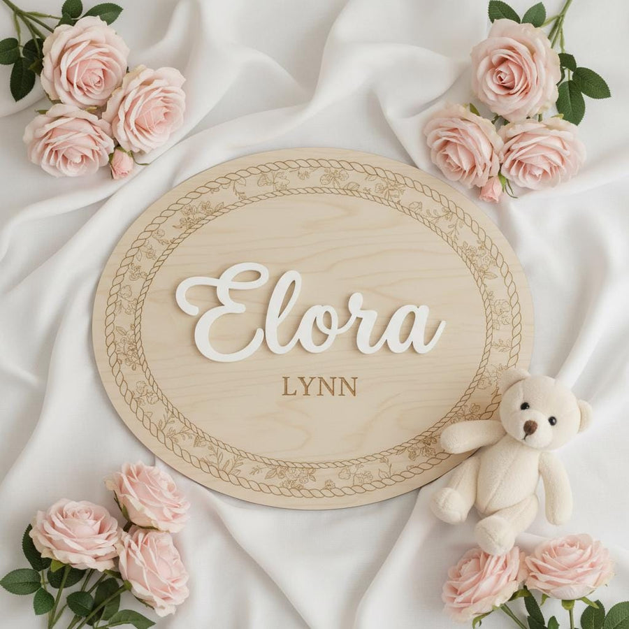 Personalized Wooden Baby Name Sign, Oval Nursery Name Announcement Plaque