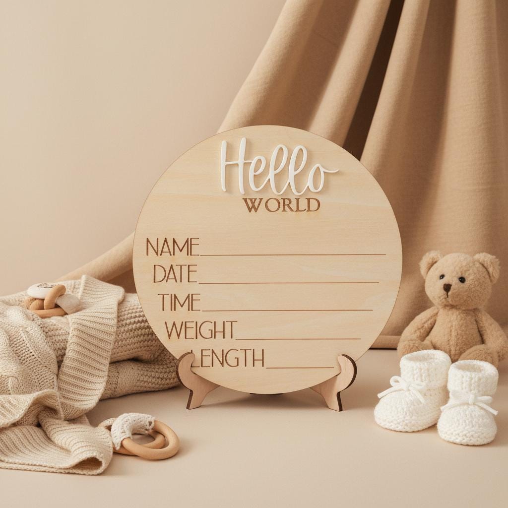 Personalized Baby Birth Stats Sign, Wooden Hello World Newborn Nursery Decor