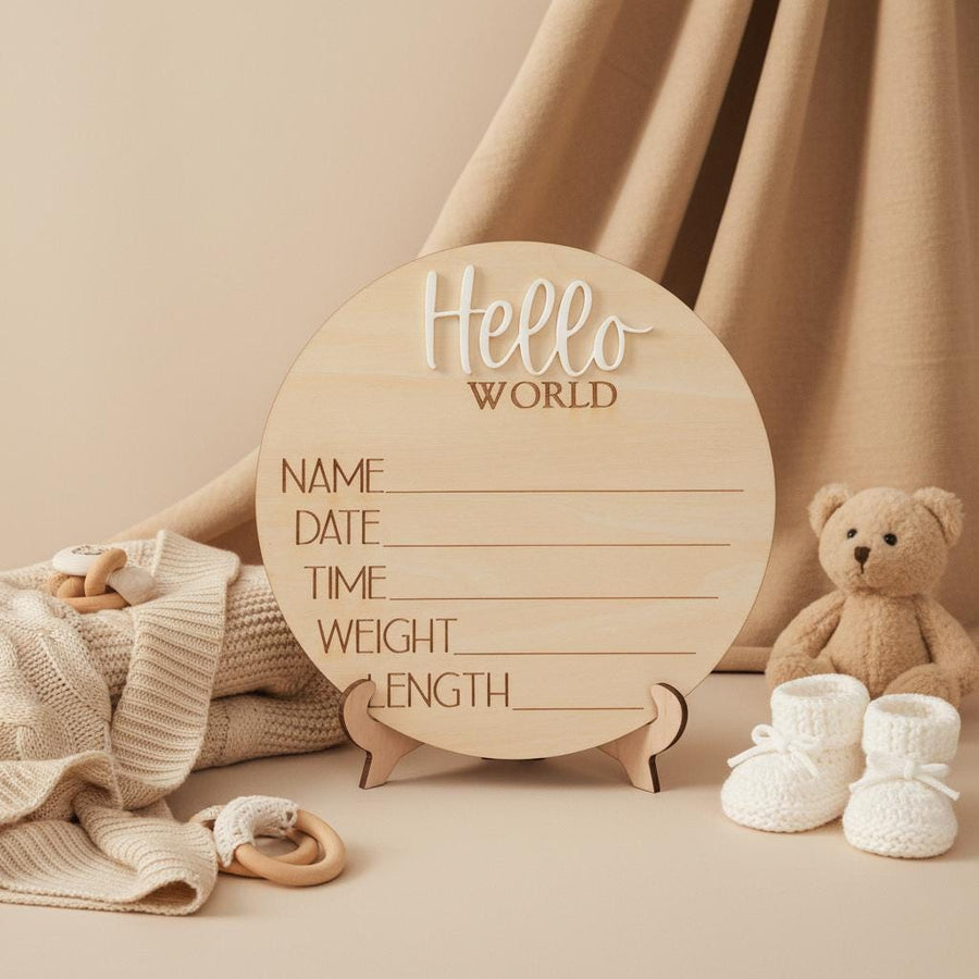 Personalized Baby Birth Stats Sign, Wooden Hello World Newborn Nursery Decor