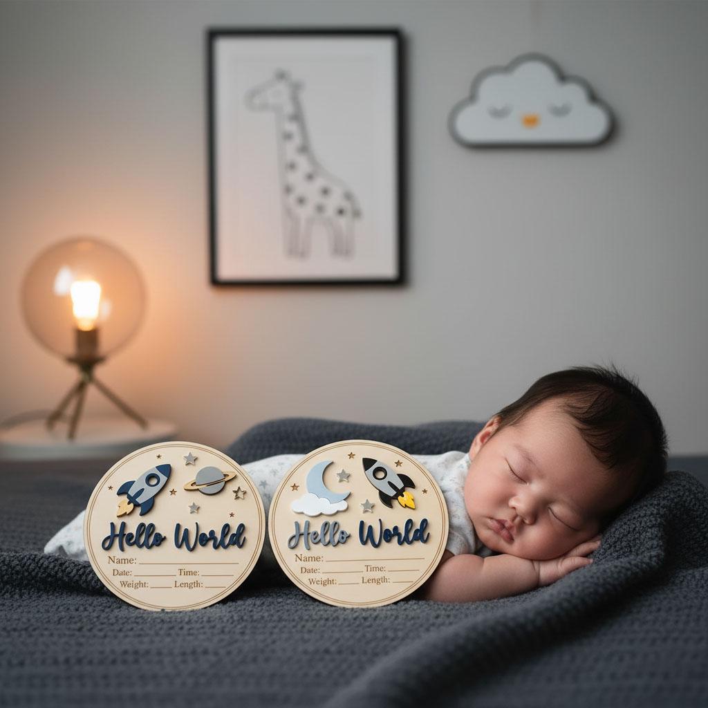 Blue Rocket Birth Stats Sign for Hospital | Round Wooden Newborn Name Plaque | Custom Baby Boy Announcement | Space Nursery Decor