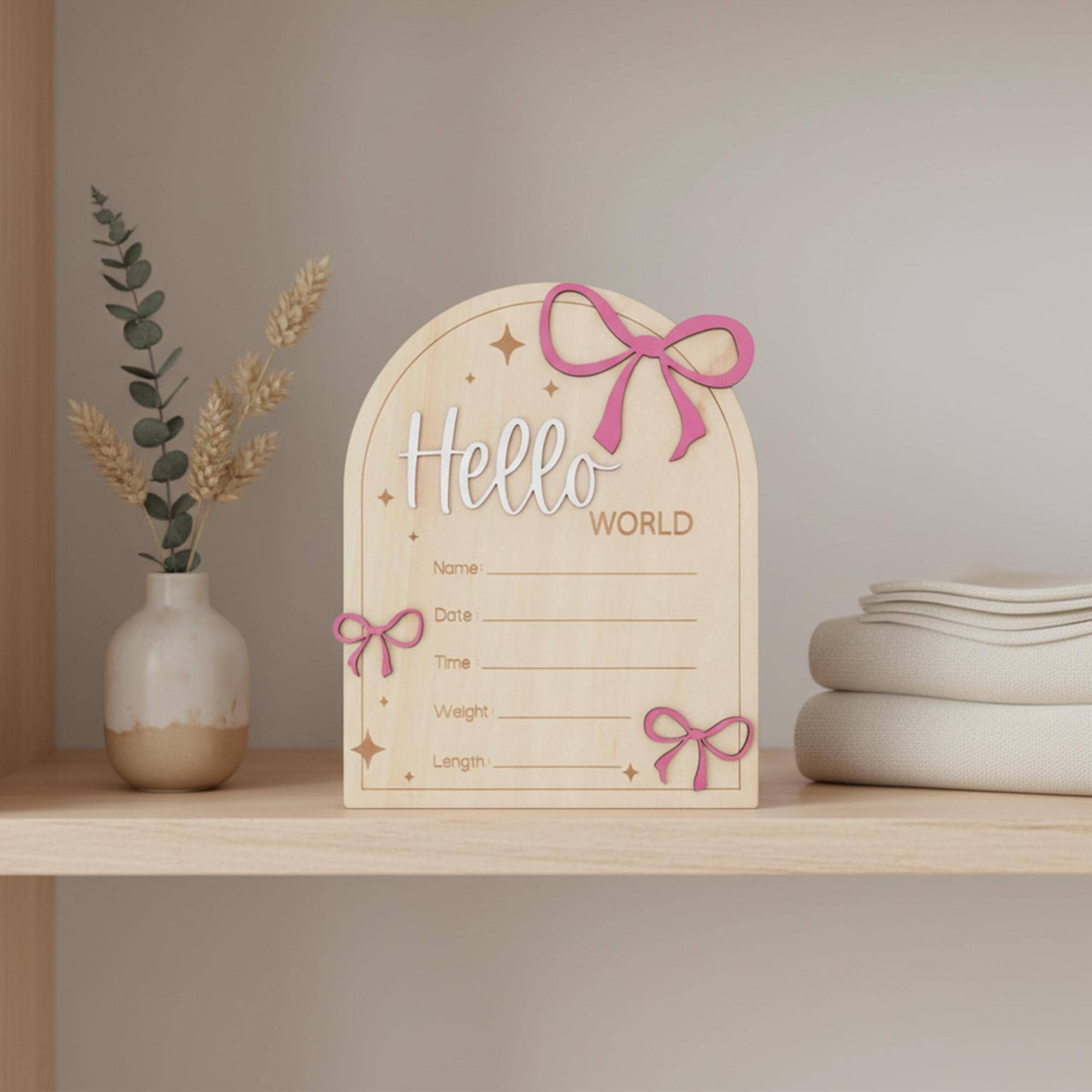 Hello World Wooden Baby Announcement Sign with Birth Details