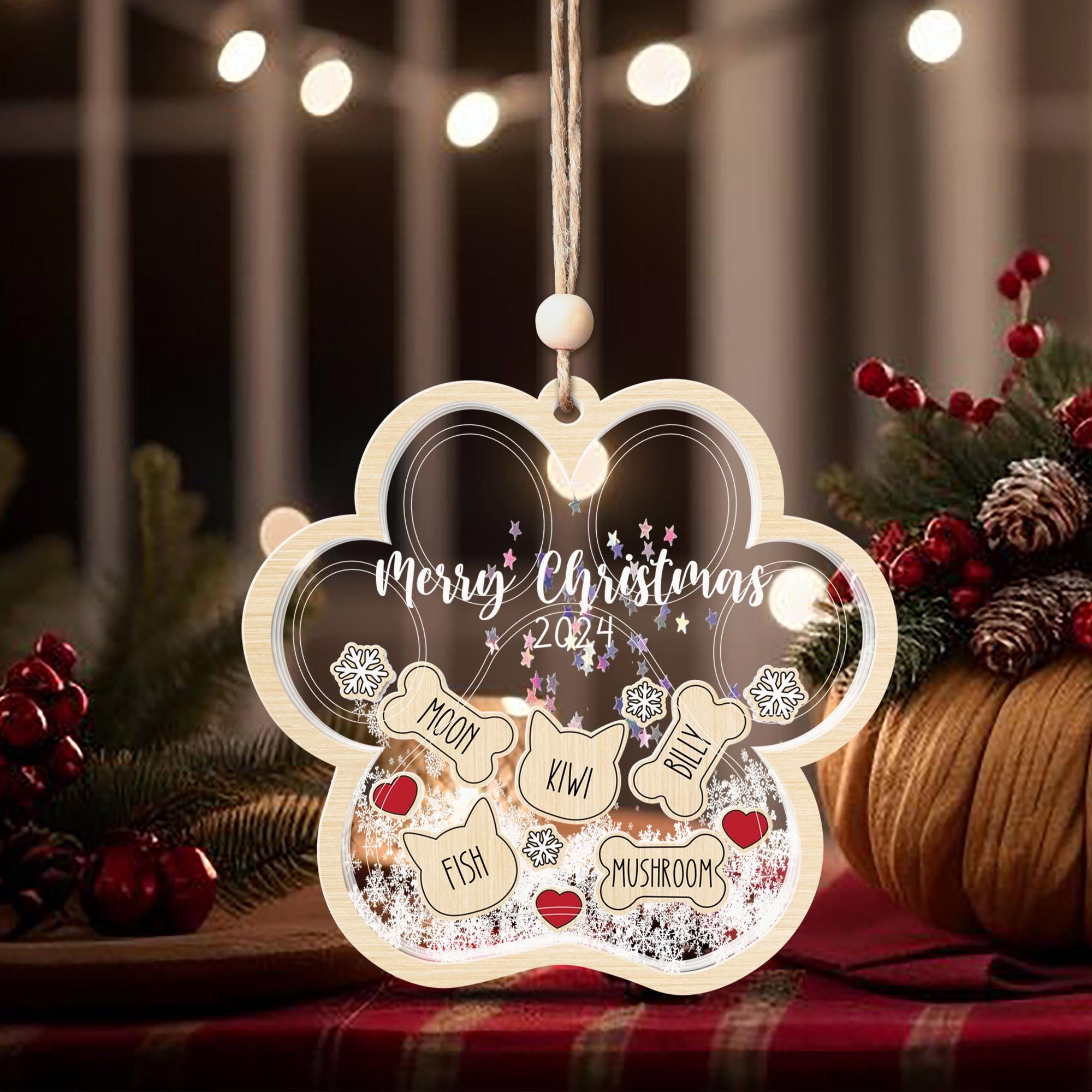Personalized Pet Paw Ornament: Acrylic Shaker with Wood Frame