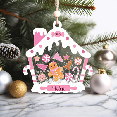 Gingerbread House Shaker Ornament, Personalized Pink Baby Name Christmas