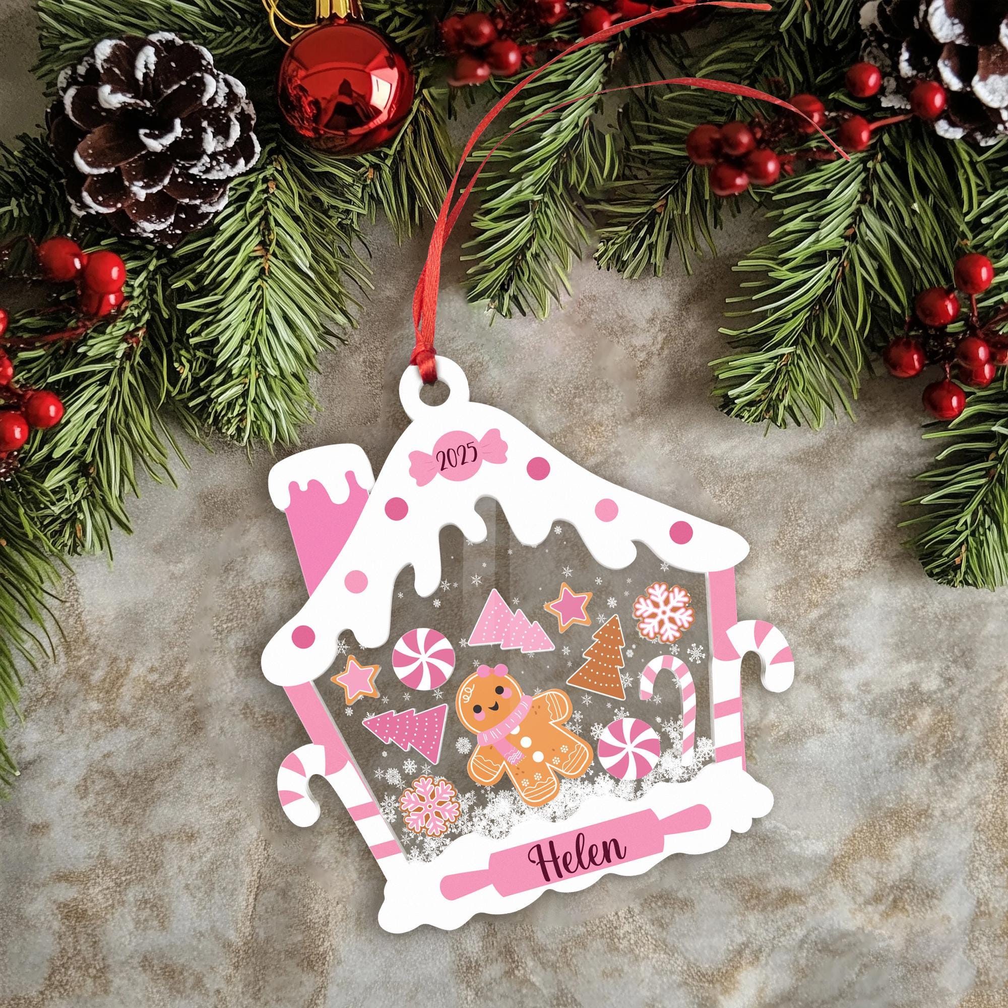 Gingerbread House Shaker Ornament, Personalized Pink Baby Name Christmas