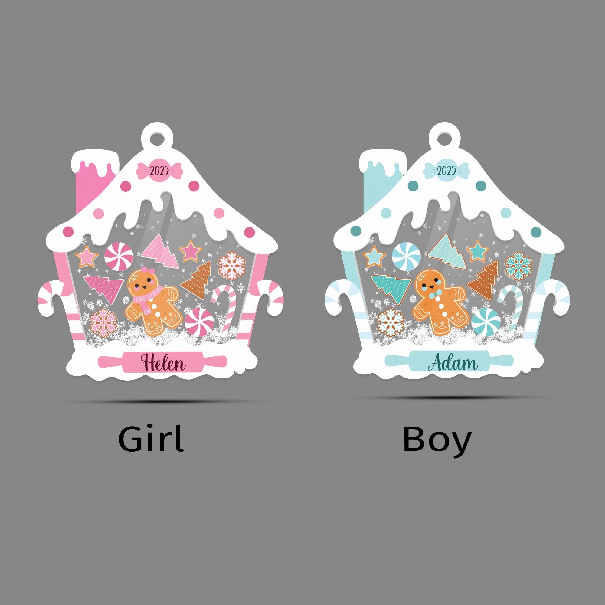 Gingerbread House Shaker Ornament, Personalized Pink Baby Name Christmas