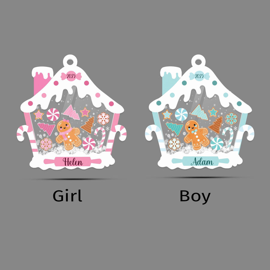 Gingerbread House Shaker Ornament, Personalized Pink Baby Name Christmas