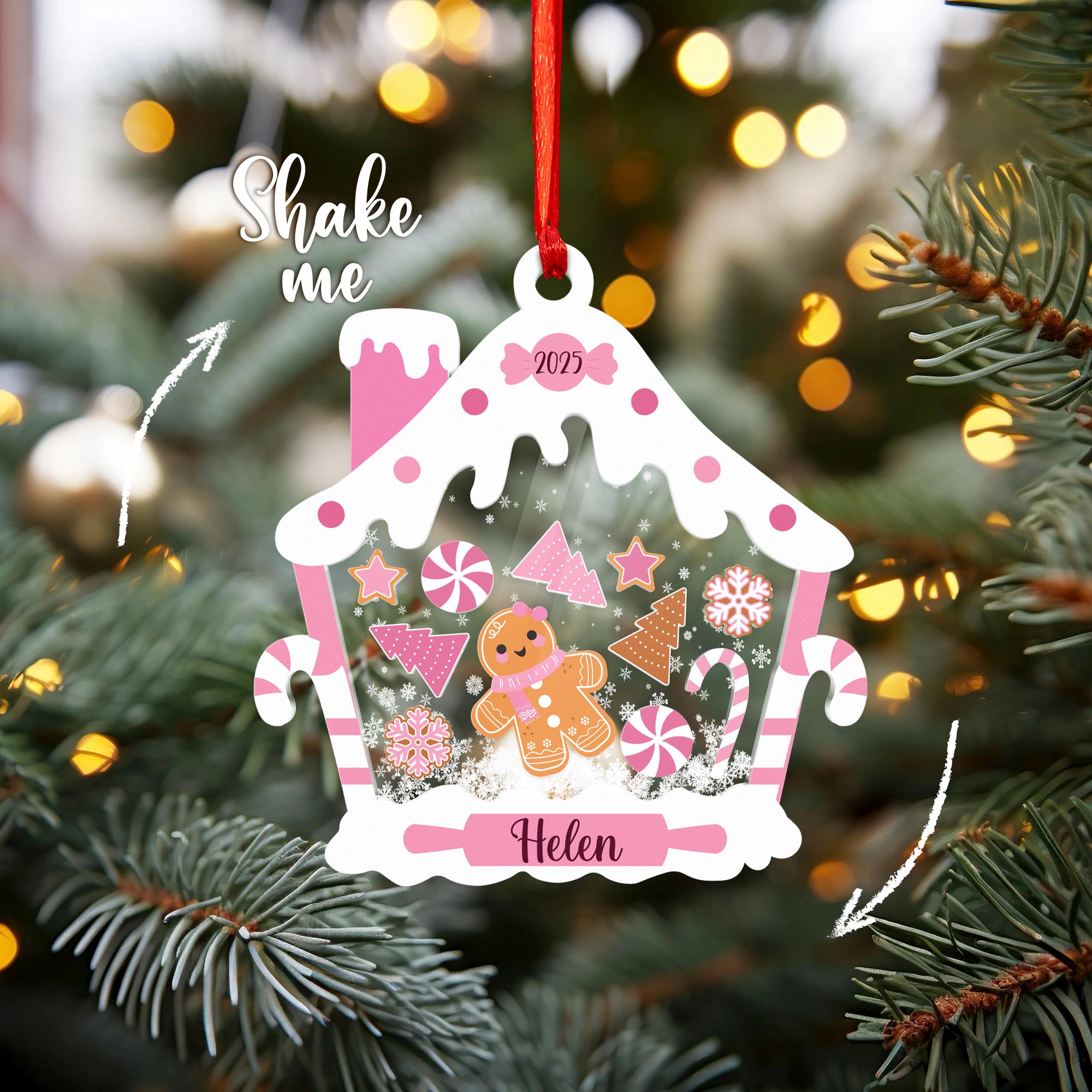 Gingerbread House Shaker Ornament, Personalized Pink Baby Name Christmas