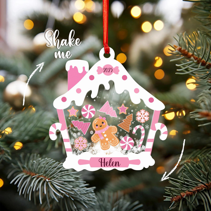 Gingerbread House Shaker Ornament, Personalized Pink Baby Name Christmas