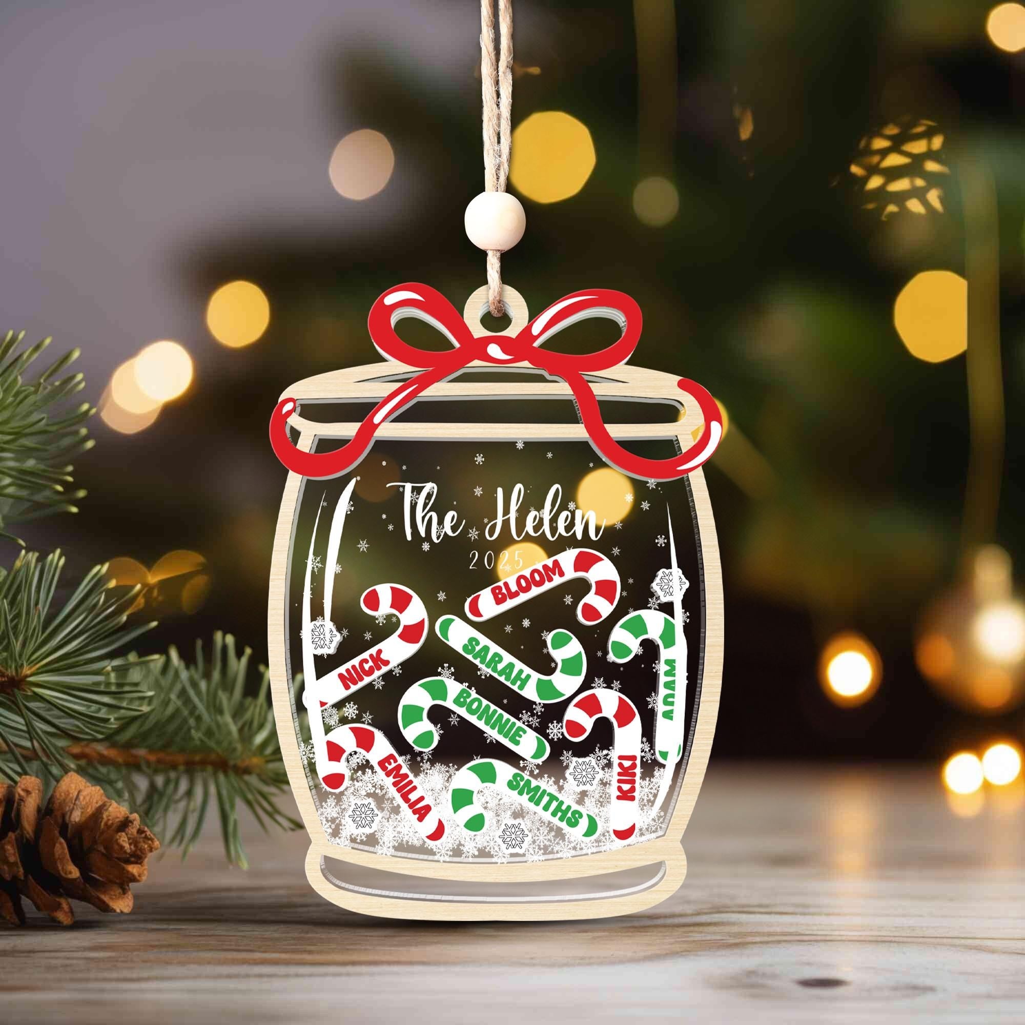 Personalized Family Candy Cane Jar Ornament, Wood Acrylic Christmas Shaker Keepsake Gift 2025 Decoration