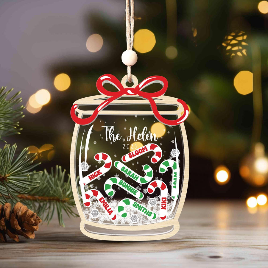 Personalized Family Candy Cane Jar Ornament, Wood Acrylic Christmas Shaker Keepsake Gift 2025 Decoration