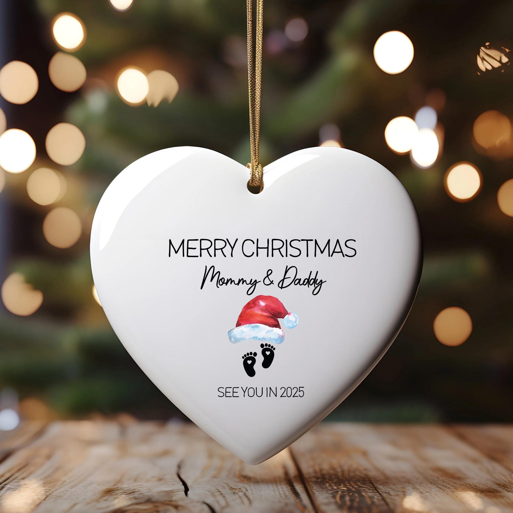 Pregnancy Announcement Ornament: Personalized Ceramic Heart, See You in 2025