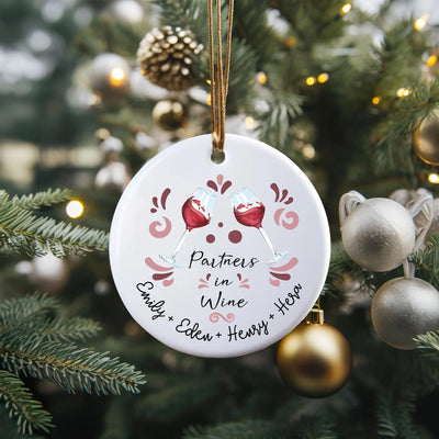 Partners in Wine Christmas Ornament 2025 – Personalized Best Friend Gift – Custom Wine Glass Ornament – Funny Holiday Tree Decor – 3 Inch