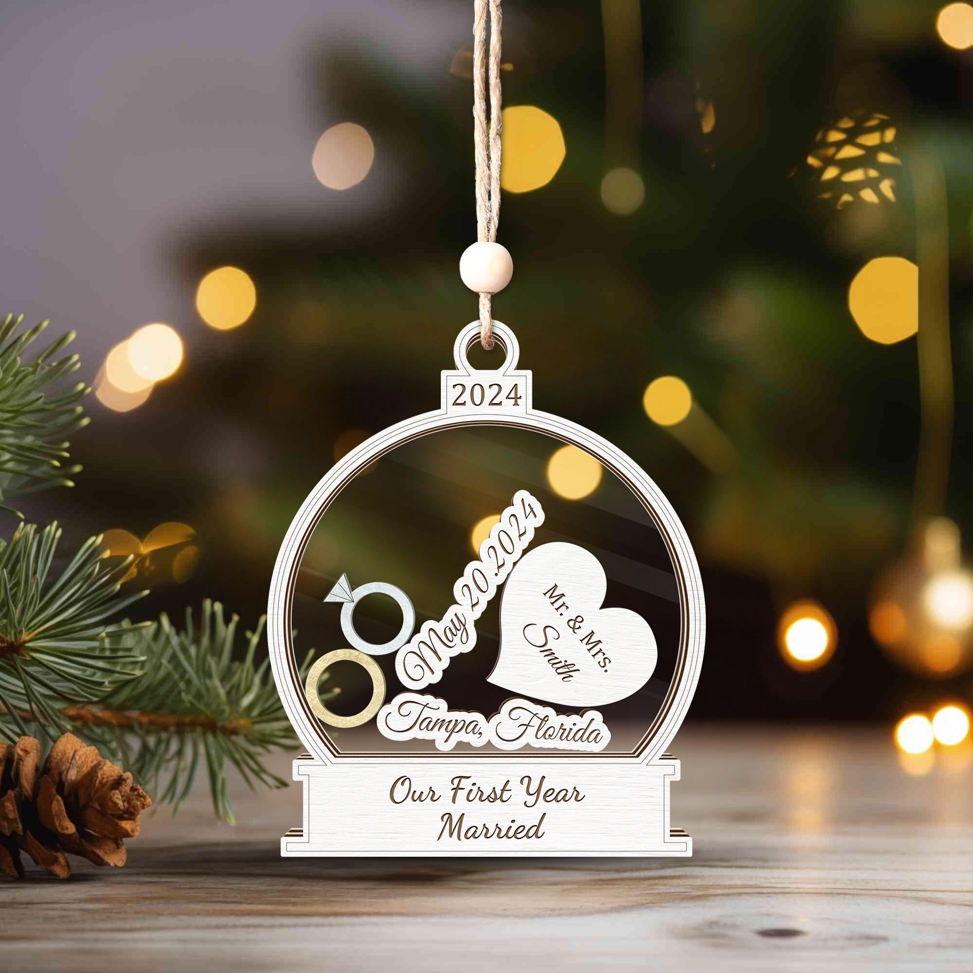 Personalized Wedding Shaker Ornament: First Christmas Married, Custom Newlywed Gift