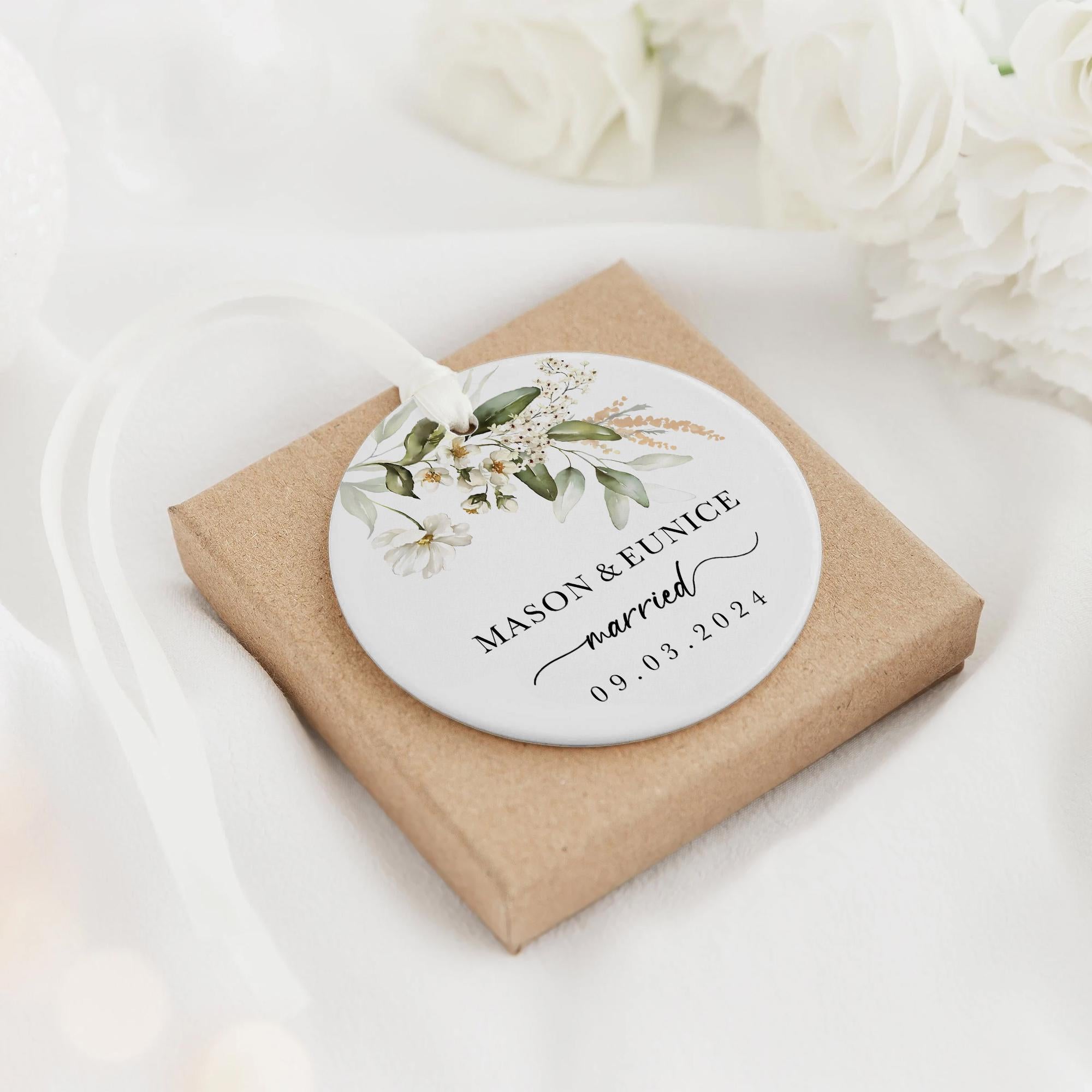 Personalized Couple Christmas Ornament, Ceramic Keepsake, Custom Names and Date