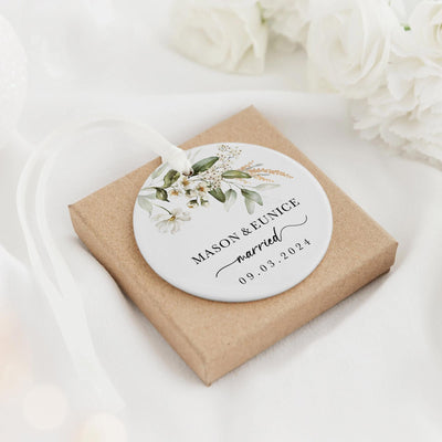 Personalized Couple Christmas Ornament, Ceramic Keepsake, Custom Names and Date