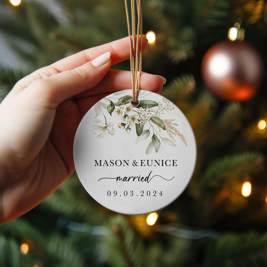 Personalized Couple Christmas Ornament, Ceramic Keepsake, Custom Names and Date