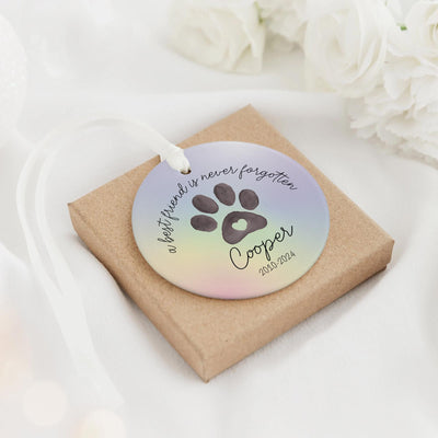 Personalized Pet Memorial Ceramic Ornament, Rainbow Paw Print Keepsake