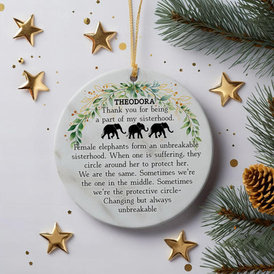 Personalized Sisterhood Ornament – Elephant Friendship Ornament – Meaningful Christmas Gift – 3-inch Round Keepsake