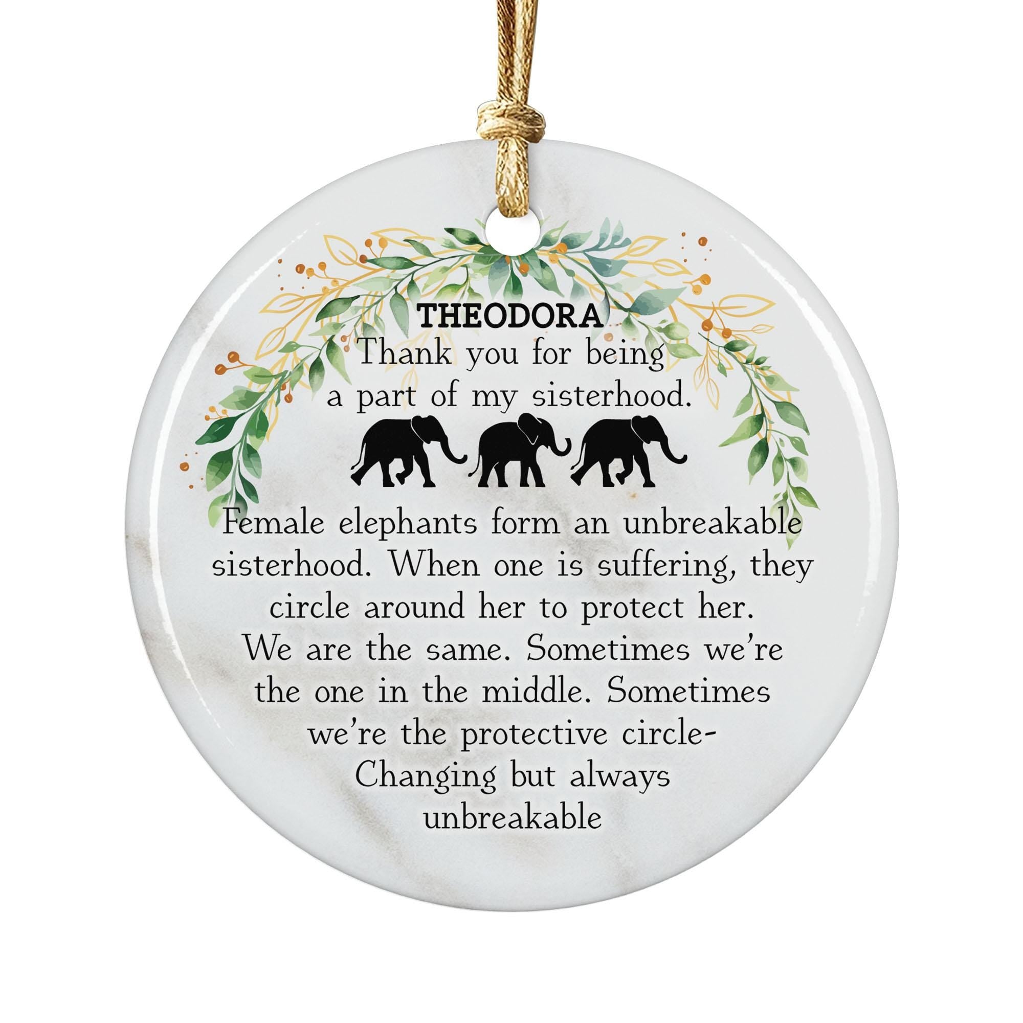 Personalized Sisterhood Ornament – Elephant Friendship Ornament – Meaningful Christmas Gift – 3-inch Round Keepsake