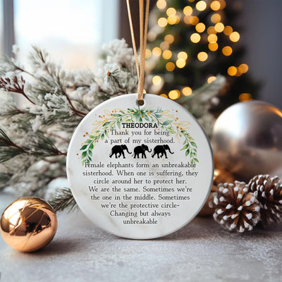 Personalized Sisterhood Ornament – Elephant Friendship Ornament – Meaningful Christmas Gift – 3-inch Round Keepsake