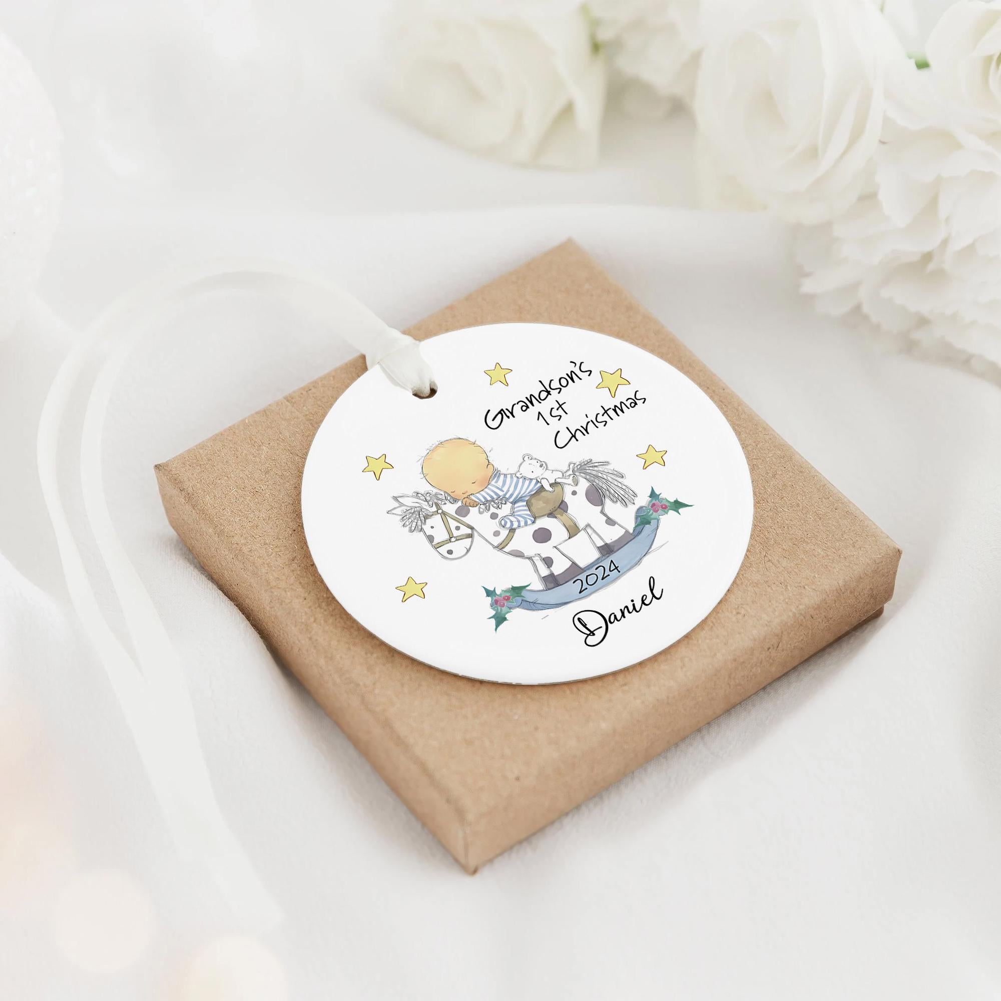 Personalized Grandson's First Christmas Ornament 2024: Ceramic Keepsake