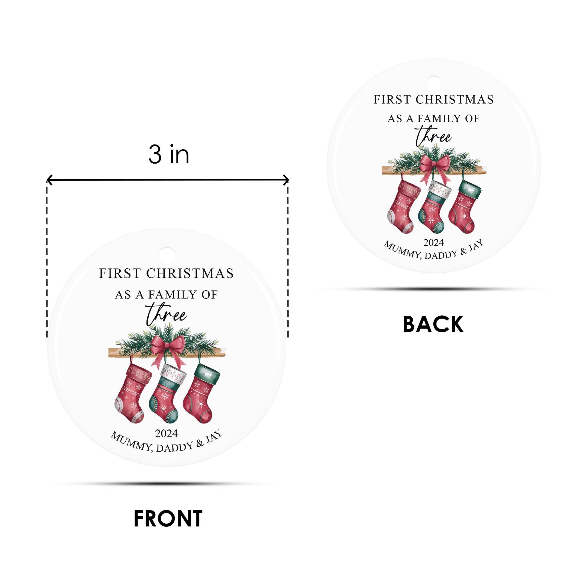 Personalized Family of Three Christmas Ornament 2025: Custom Stocking Keepsake, Custom Family Christmas Ornament