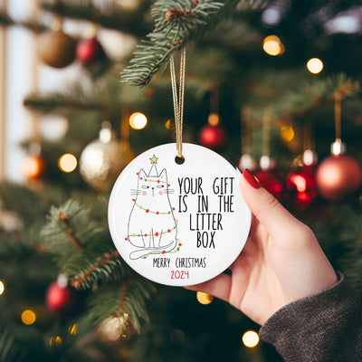 Funny Cat Christmas Ornament 2025 – Your Gift Is In The Litter Box – Cute Holiday Decor for Cat Lovers