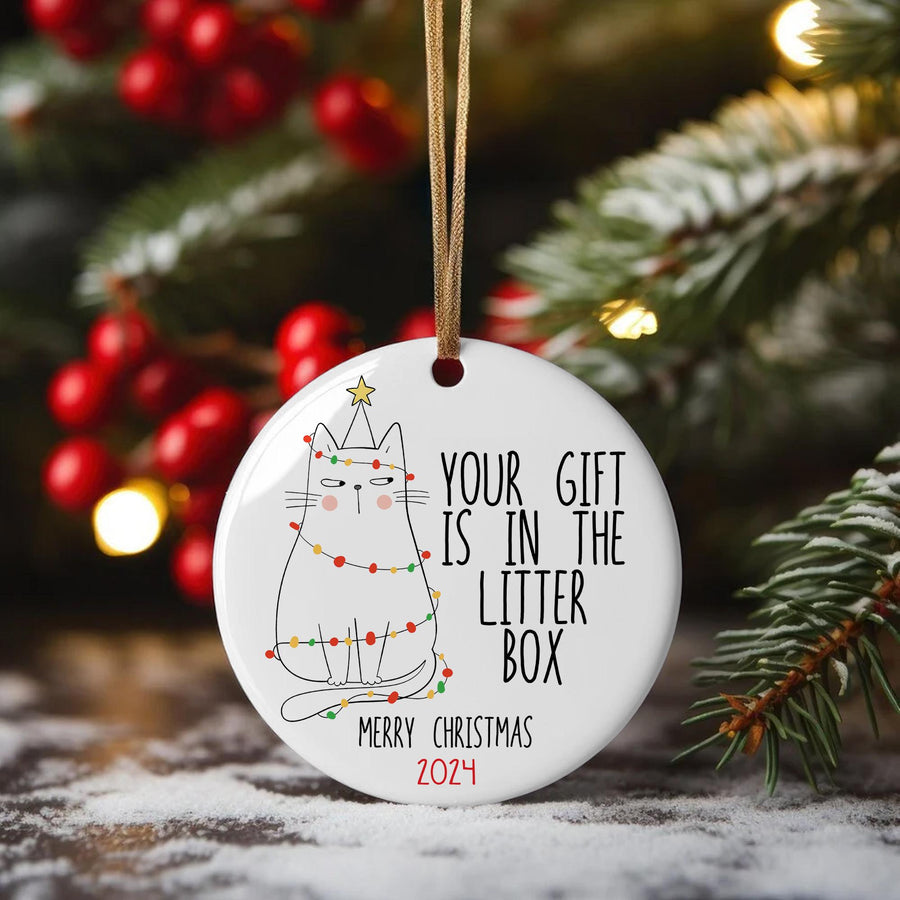 Funny Cat Christmas Ornament 2025 – Your Gift Is In The Litter Box – Cute Holiday Decor for Cat Lovers