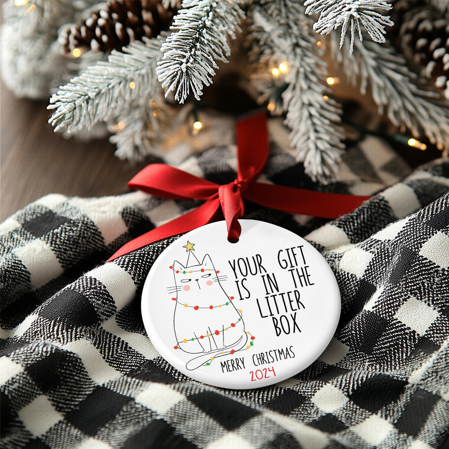 Funny Cat Christmas Ornament 2025 – Your Gift Is In The Litter Box – Cute Holiday Decor for Cat Lovers