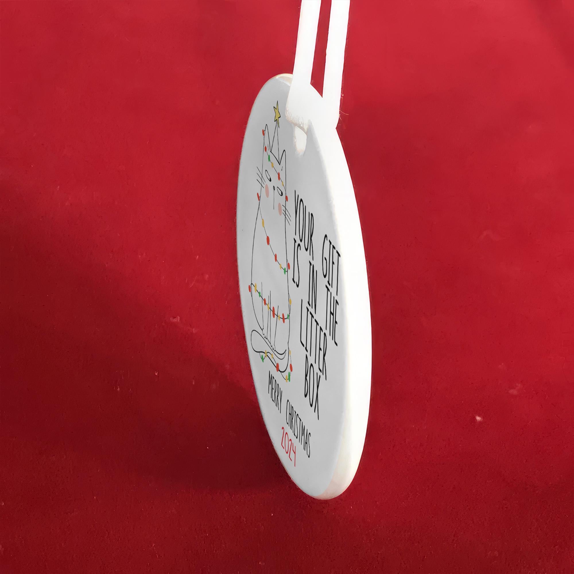 Funny Cat Christmas Ornament 2025 – Your Gift Is In The Litter Box – Cute Holiday Decor for Cat Lovers