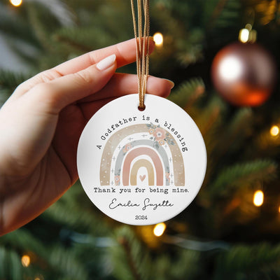 Personalized Godfather Ornament 2025: Boho Rainbow Ceramic Keepsake