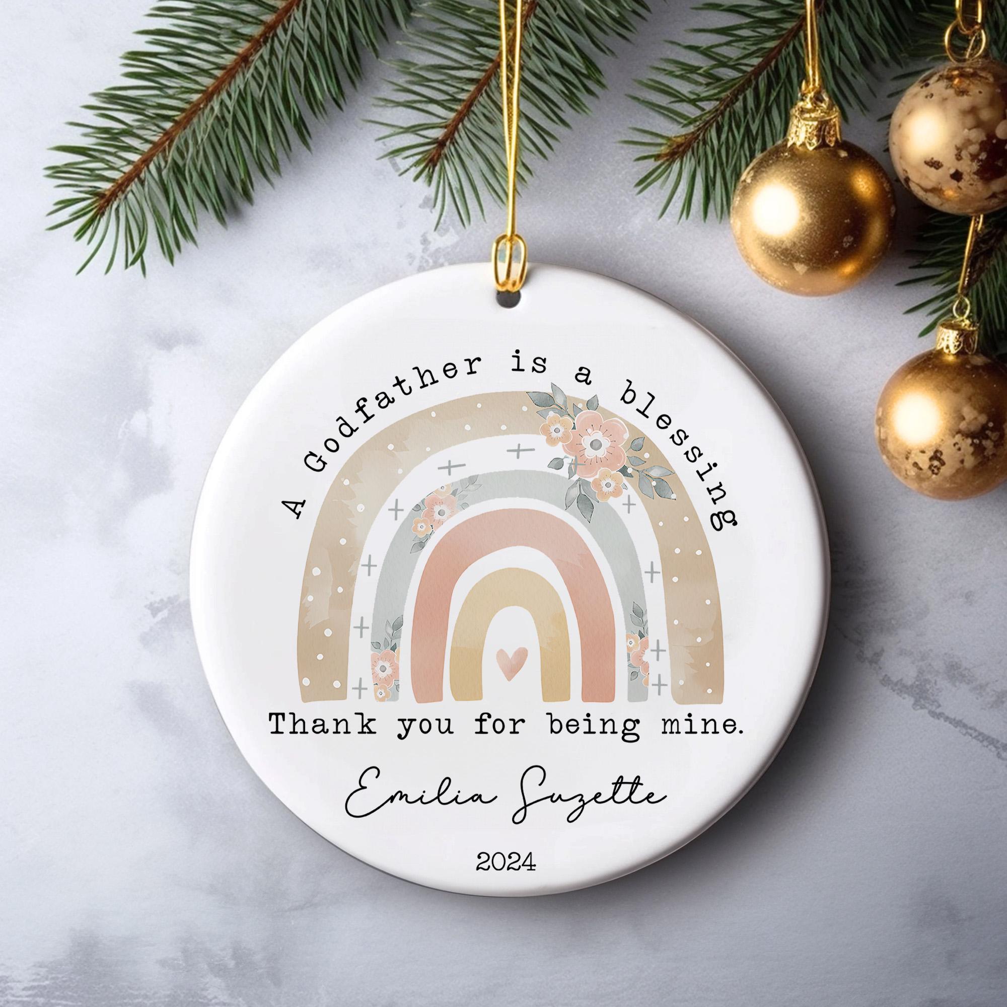 Personalized Godfather Ornament 2025: Boho Rainbow Ceramic Keepsake