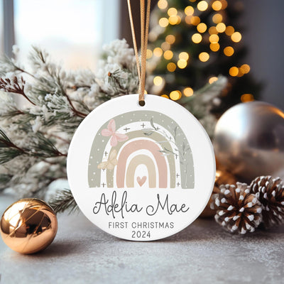 Personalized Baby's First Christmas Ornament 2025: Rainbow Butterfly Keepsake
