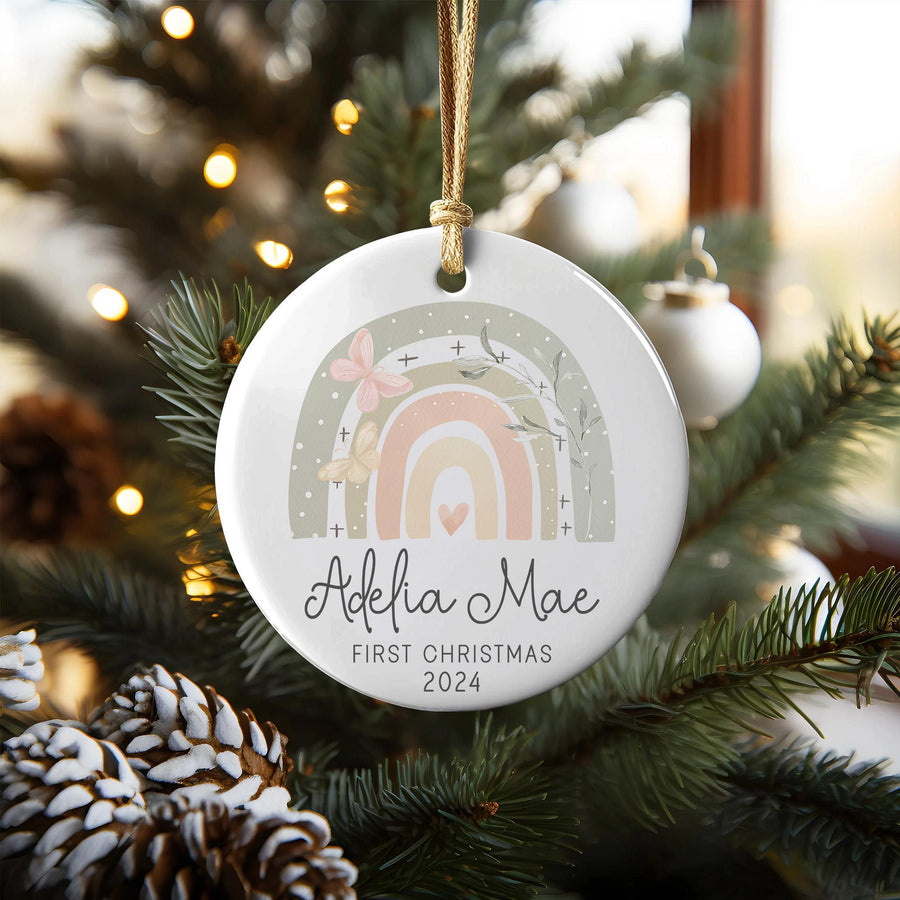 Personalized Baby's First Christmas Ornament 2025: Rainbow Butterfly Keepsake