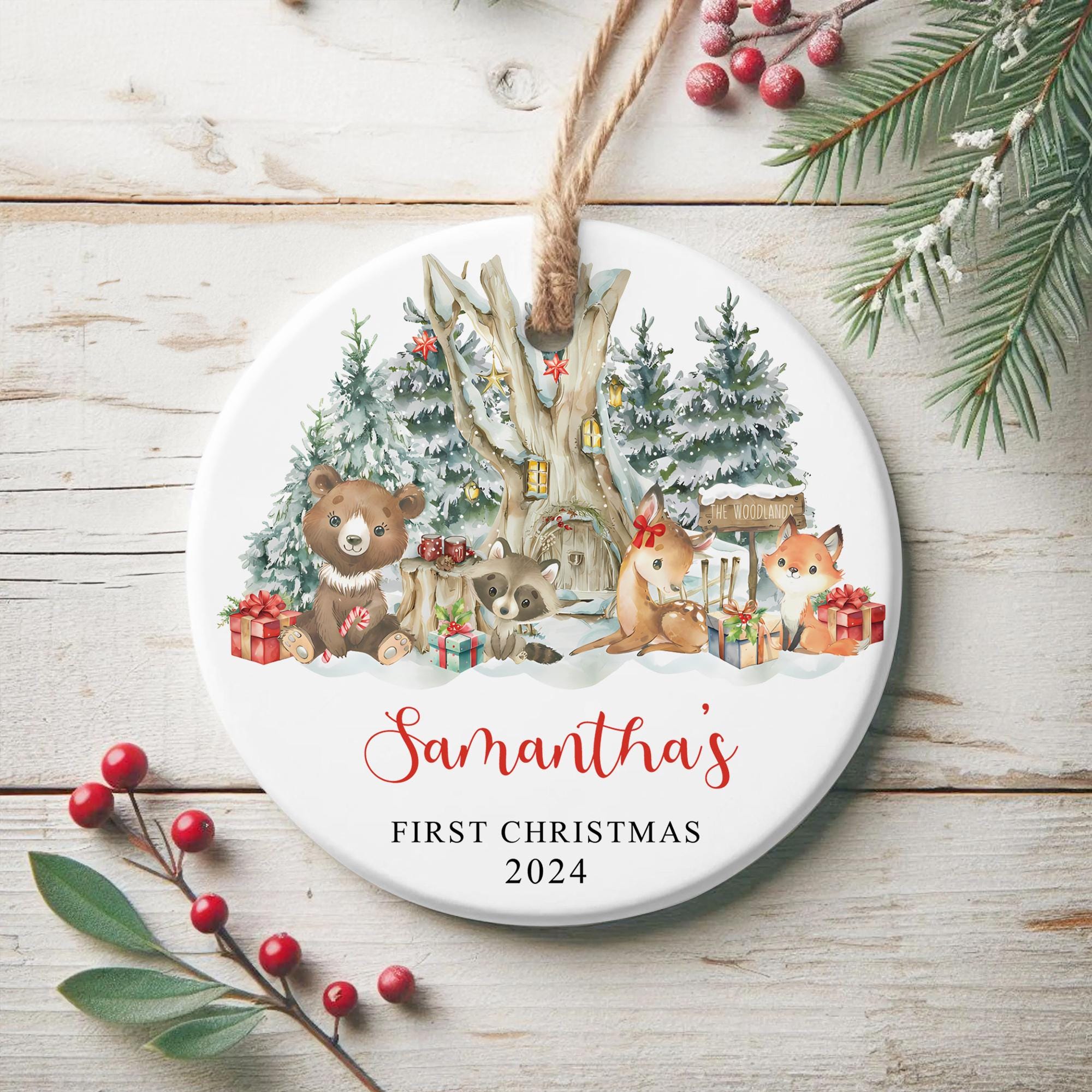 Personalized Woodland Animals Baby First Christmas Ornament 2025