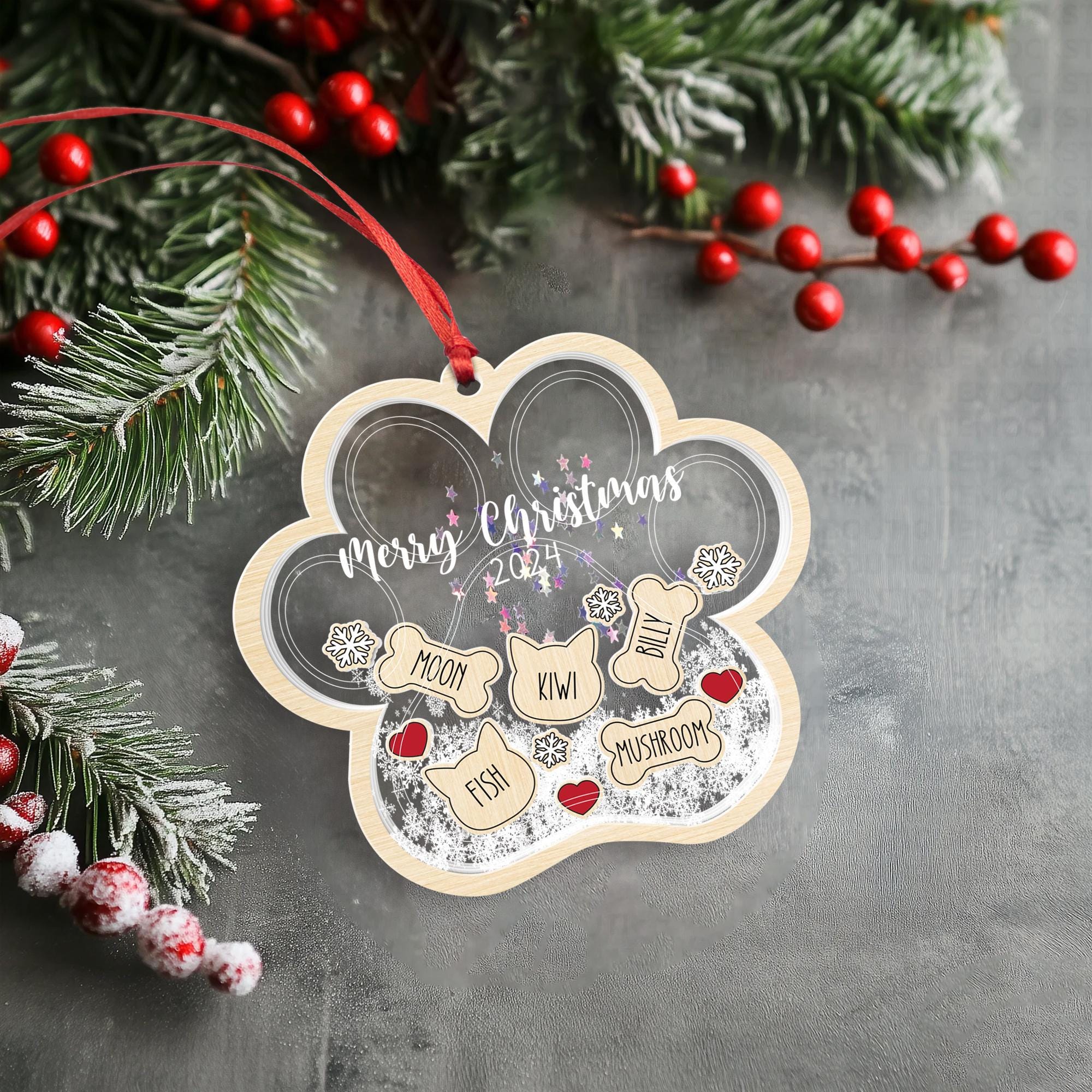 Personalized Pet Paw Ornament: Acrylic Shaker with Wood Frame