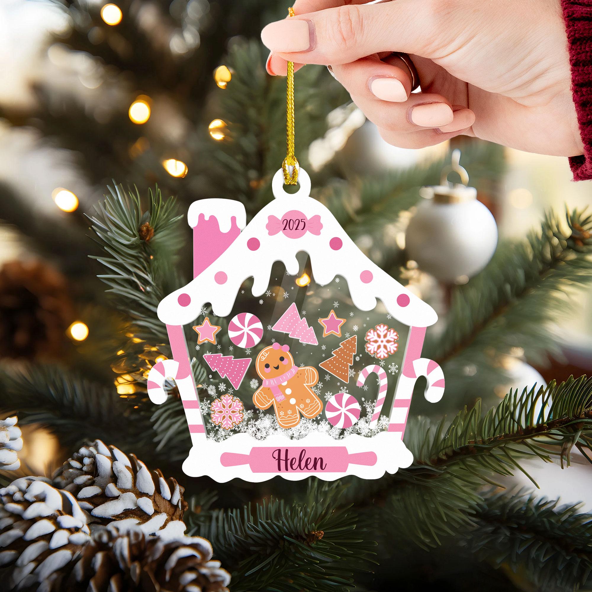 Gingerbread House Shaker Ornament, Personalized Pink Baby Name Christmas