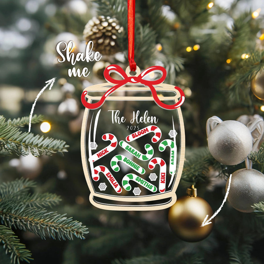 Personalized Family Candy Cane Jar Ornament, Wood Acrylic Christmas Shaker Keepsake Gift 2025 Decoration