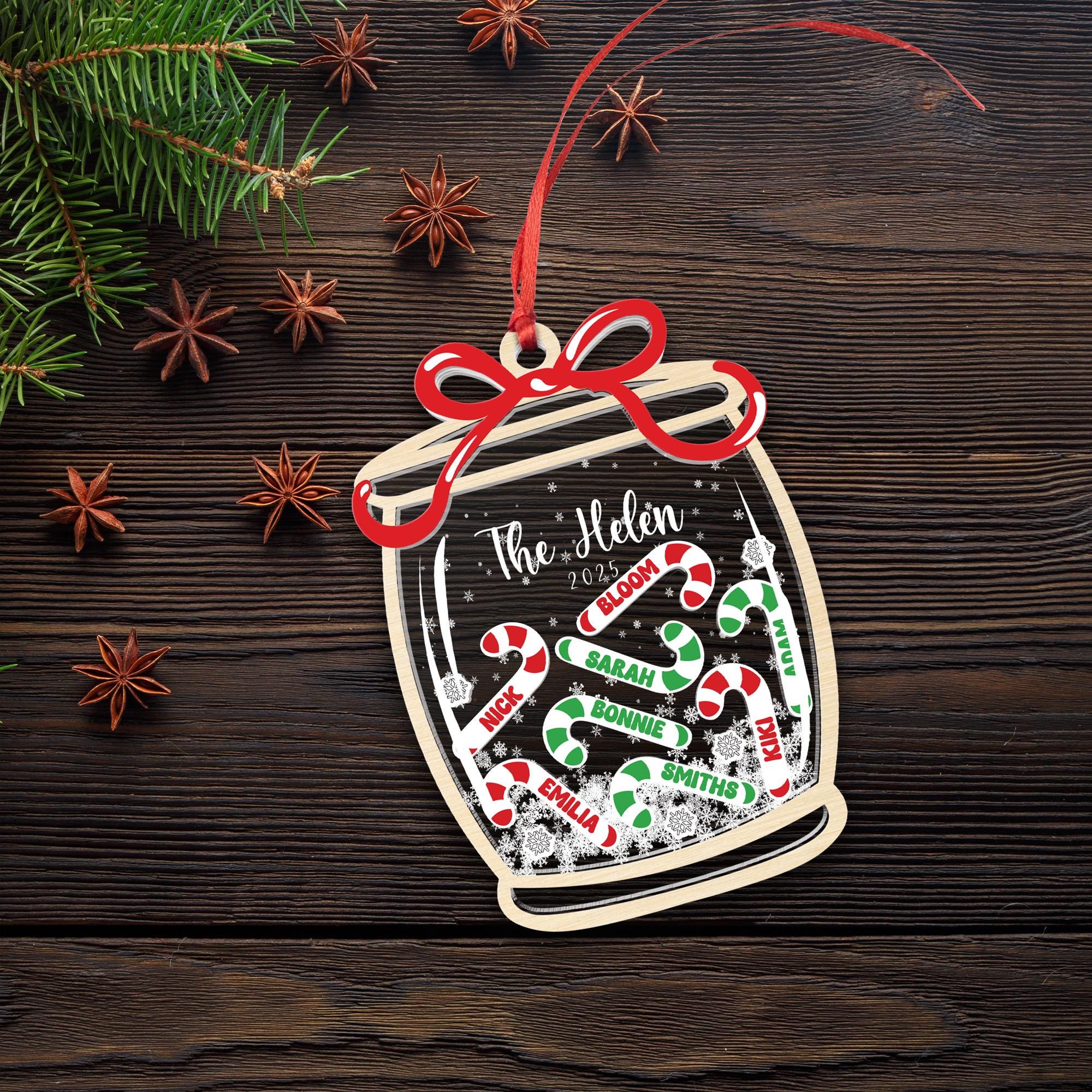 Personalized Family Candy Cane Jar Ornament, Wood Acrylic Christmas Shaker Keepsake Gift 2025 Decoration