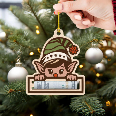 Elf Money Holder Christmas Ornament: Wooden Gift Card Decoration