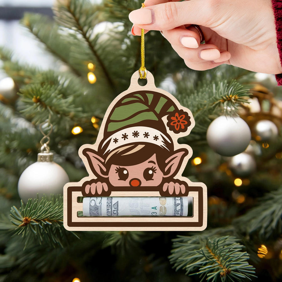 Elf Money Holder Christmas Ornament: Wooden Gift Card Decoration