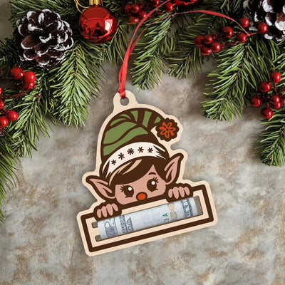 Elf Money Holder Christmas Ornament: Wooden Gift Card Decoration