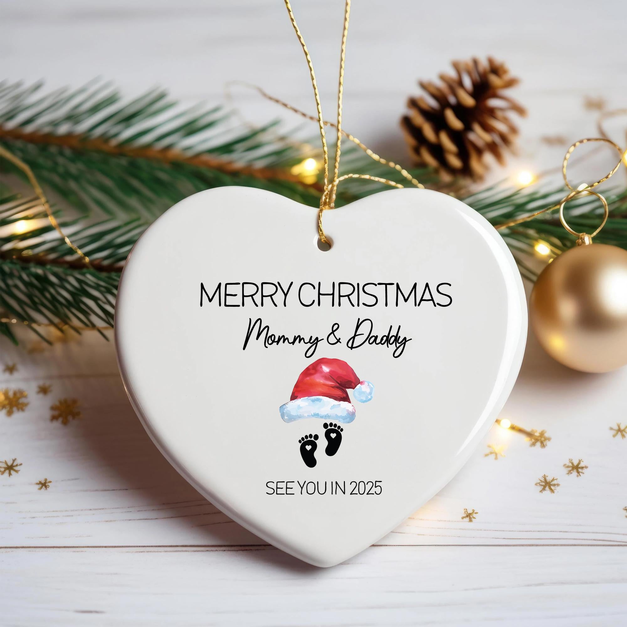 Pregnancy Announcement Ornament: Personalized Ceramic Heart, See You in 2025