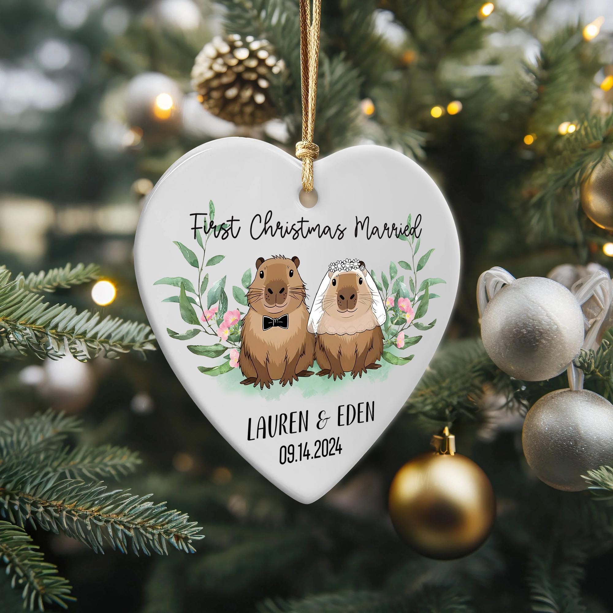 Personalized Capybara Couple Ornament: First Christmas Married Keepsake