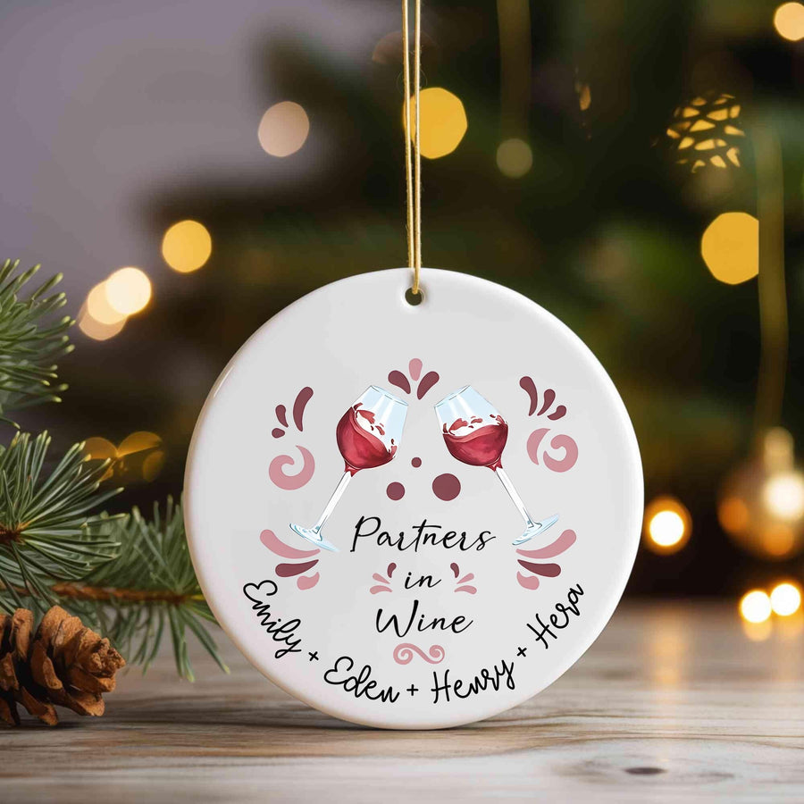 Partners in Wine Christmas Ornament 2025 – Personalized Best Friend Gift – Custom Wine Glass Ornament – Funny Holiday Tree Decor – 3 Inch