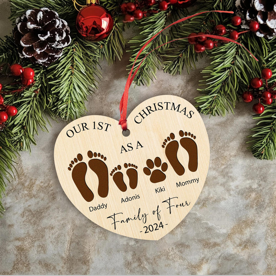 Personalized Family of Four Wooden Heart Ornament - First Christmas Keepsake