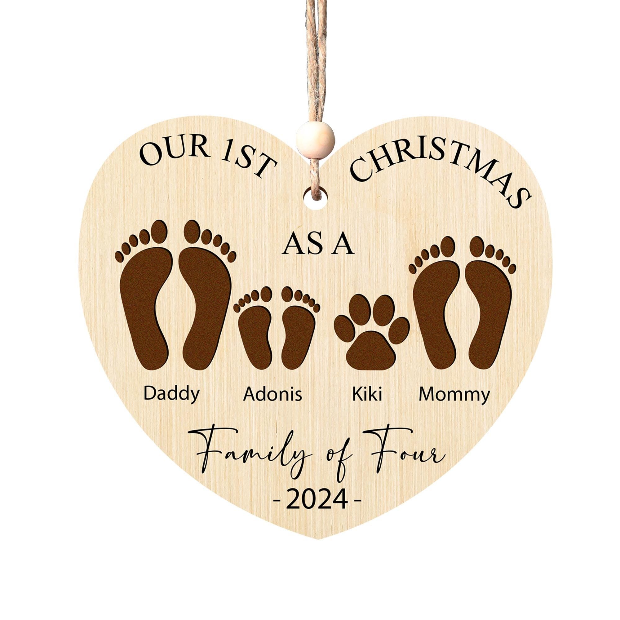 Personalized Family of Four Wooden Heart Ornament - First Christmas Keepsake