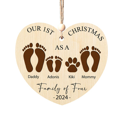 Personalized Family of Four Wooden Heart Ornament - First Christmas Keepsake
