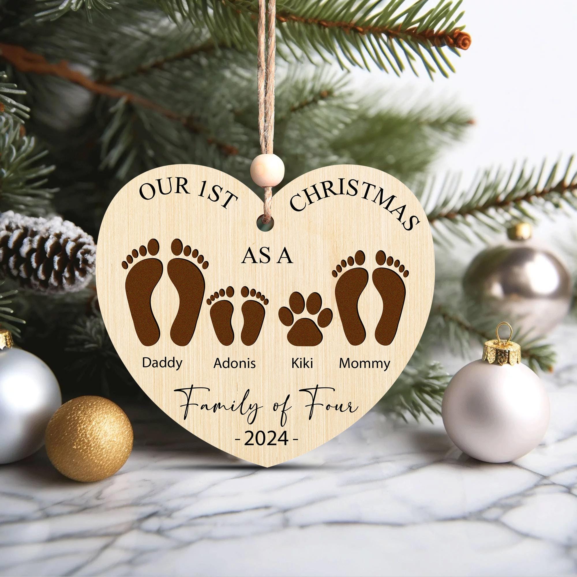 Personalized Family of Four Wooden Heart Ornament - First Christmas Keepsake