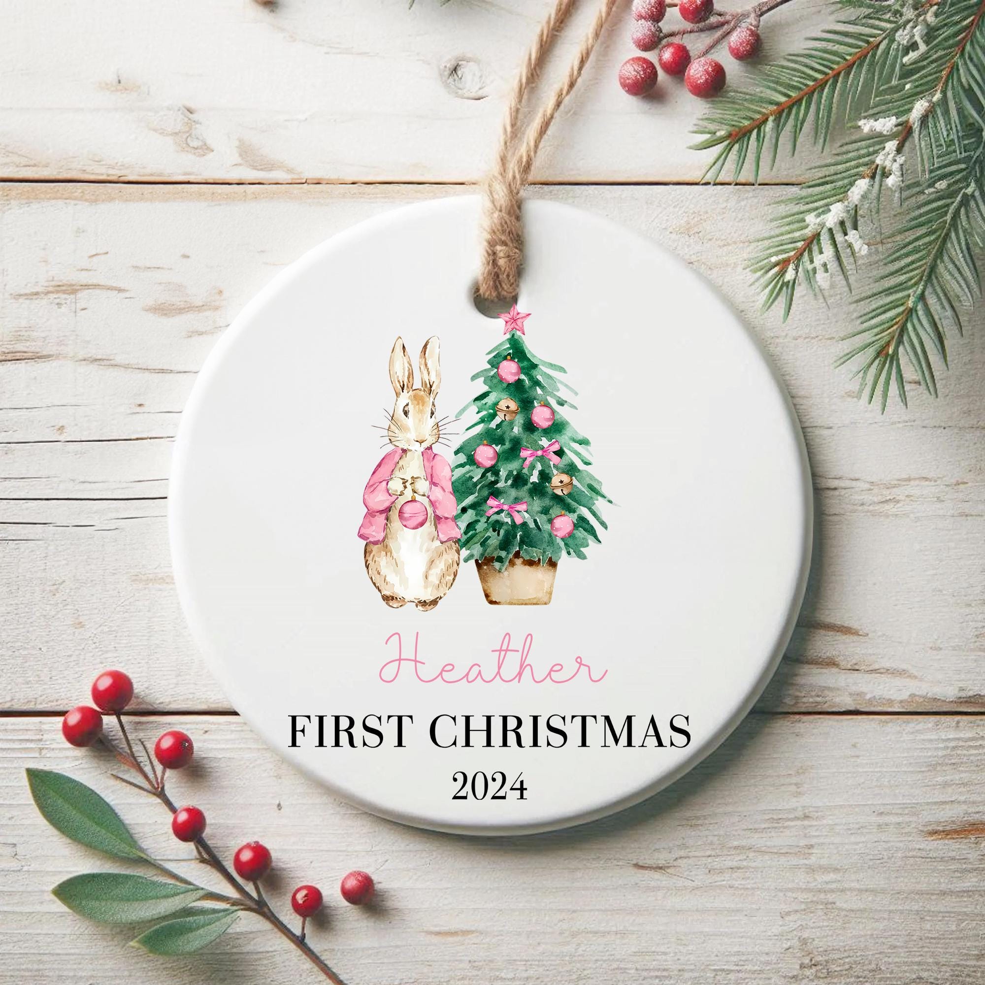 Personalized Bunny Baby's First Christmas Ornament 2025: Ceramic Newborn Keepsake